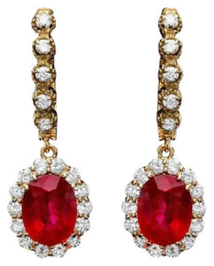 9.10Ct Natural Ruby and Diamond 14K Solid Yellow Gold Earrings