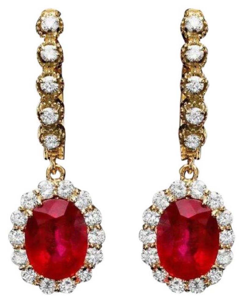 9.10Ct Natural Ruby and Diamond 14K Solid Yellow Gold Earrings