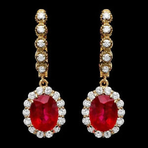 9.10Ct Natural Ruby and Diamond 14K Solid Yellow Gold Earrings