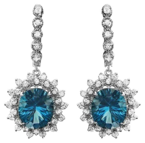 13.20Ct Natural London Blue Topaz and Diamond 14K White Gold Earrings