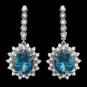 13.20Ct Natural London Blue Topaz and Diamond 14K White Gold Earrings