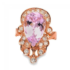 9.00 Carats Natural Pink Kunzite and Diamond 14K Solid Rose Gold Ring