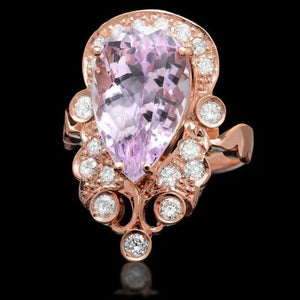 9.00 Carats Natural Pink Kunzite and Diamond 14K Solid Rose Gold Ring