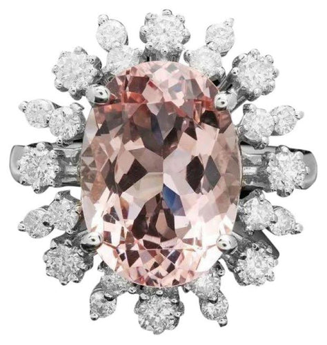 6.30 Carats Natural Morganite and Diamond 14K Solid White Gold Ring