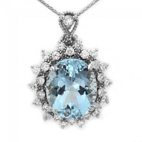 6.10Ct Natural Aquamarine and  Diamond 14K Solid White Gold Pendant