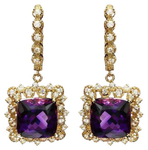 11.60ct Natural Amethyst and Diamond 14K Solid Yellow Gold Earrings