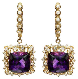 11.60ct Natural Amethyst and Diamond 14K Solid Yellow Gold Earrings