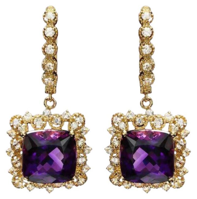 11.60ct Natural Amethyst and Diamond 14K Solid Yellow Gold Earrings