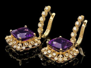 11.60ct Natural Amethyst and Diamond 14K Solid Yellow Gold Earrings