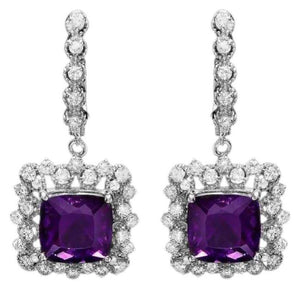 11.80ct Natural Amethyst and Diamond 14K Solid White Gold Earrings