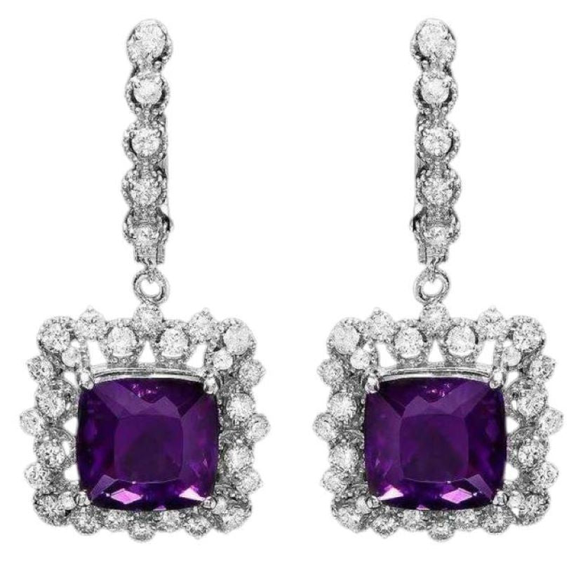 11.80ct Natural Amethyst and Diamond 14K Solid White Gold Earrings
