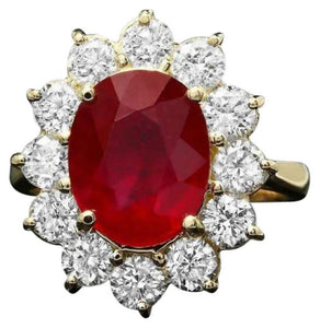 6.80 Carats Natural Red Ruby and Diamond 14K Solid Yellow Gold Ring
