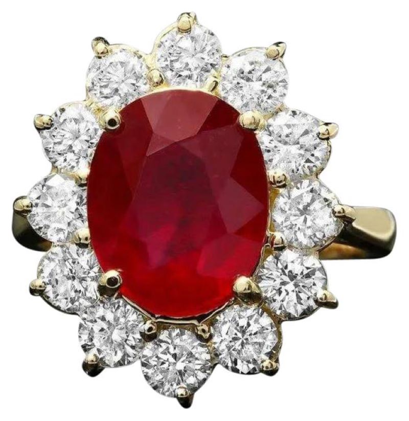 6.80 Carats Natural Red Ruby and Diamond 14K Solid Yellow Gold Ring