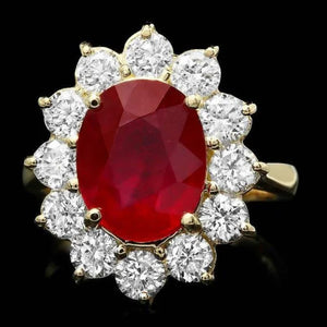 6.80 Carats Natural Red Ruby and Diamond 14K Solid Yellow Gold Ring