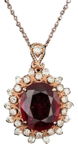 7.20Ct Natural Red Ruby and Diamond 14K Solid Rose Gold Pendant
