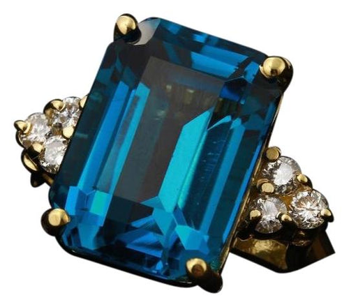 9.85 Carats Natural Impressive London Blue Topaz and Diamond 14K Yellow Gold Ring