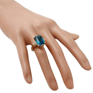 9.85 Carats Natural Impressive London Blue Topaz and Diamond 14K Yellow Gold Ring