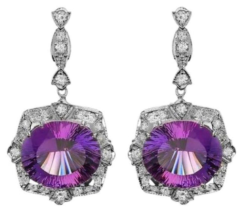 19.70ct Natural Amethyst and Diamond 14K Solid White Gold Earrings