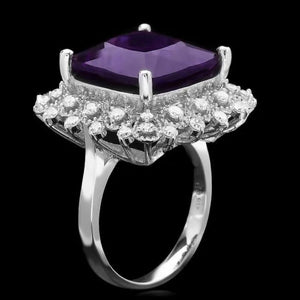 10.30 Carats Natural Amethyst and Diamond 14K Solid White Gold Ring