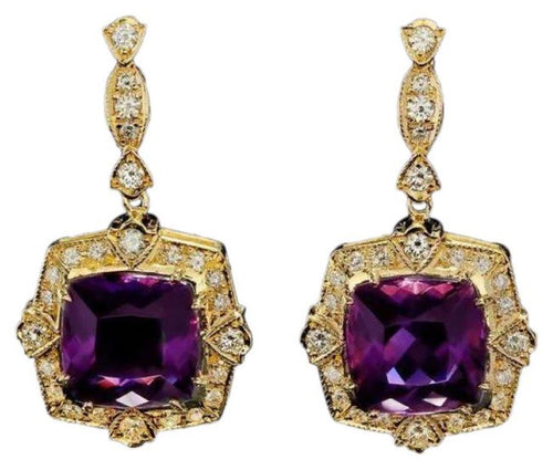 11.80ct Natural Amethyst and Diamond 14K Solid Yellow Gold Earrings