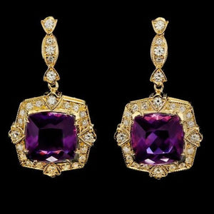 11.80ct Natural Amethyst and Diamond 14K Solid Yellow Gold Earrings