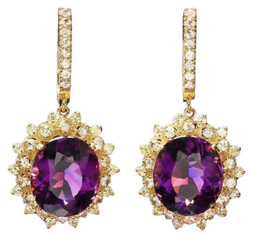 16.90ct Natural Amethyst and Diamond 14K Solid Yellow Gold Earrings