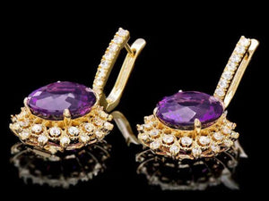 16.90ct Natural Amethyst and Diamond 14K Solid Yellow Gold Earrings