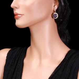 16.90ct Natural Amethyst and Diamond 14K Solid Yellow Gold Earrings