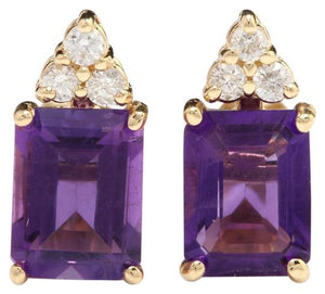 Exquisite 3.20 Carats Natural Amethyst and Diamond 14K Solid Yellow Gold Earrings