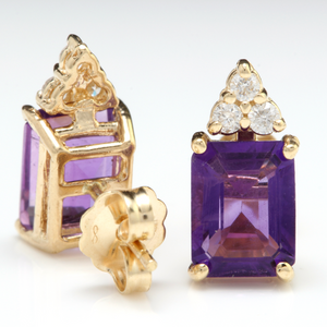 Exquisite 3.20 Carats Natural Amethyst and Diamond 14K Solid Yellow Gold Earrings