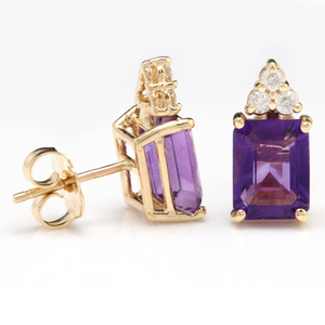 Exquisite 3.20 Carats Natural Amethyst and Diamond 14K Solid Yellow Gold Earrings