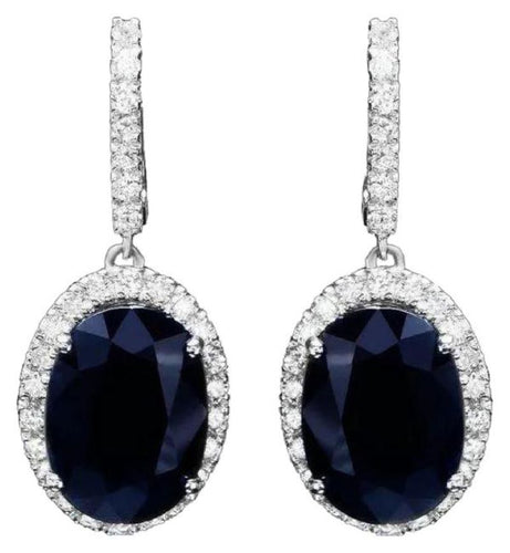 Exquisite 15.30 Carats Natural Sapphire and Diamond 14K Solid White Gold Earrings