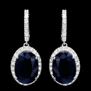Exquisite 15.30 Carats Natural Sapphire and Diamond 14K Solid White Gold Earrings