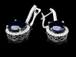 Exquisite 15.30 Carats Natural Sapphire and Diamond 14K Solid White Gold Earrings