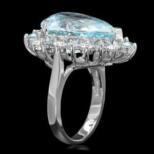 12.70 Carats Natural Aquamarine and Diamond 14K Solid White Gold Ring