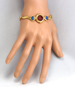 GIROVI Very Impressive Cameo Carnelian Inlay and Sapphire 18K Solid Yellow Gold Designer Bracelet