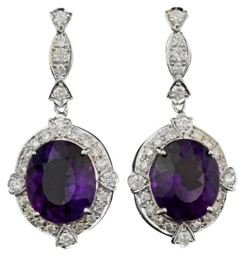 16.10ct Natural Amethyst and Diamond 14K Solid White Gold Earrings