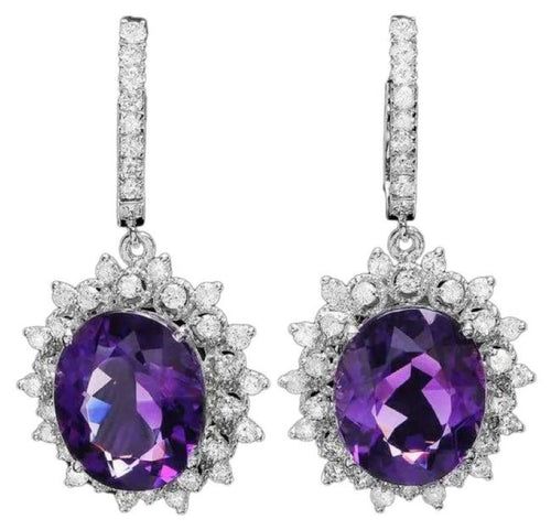 16.80ct Natural Amethyst and Diamond 14K Solid White Gold Earrings