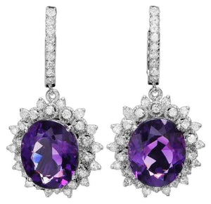 16.80ct Natural Amethyst and Diamond 14K Solid White Gold Earrings