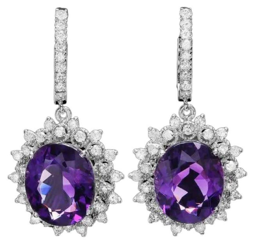 16.80ct Natural Amethyst and Diamond 14K Solid White Gold Earrings