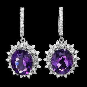 16.80ct Natural Amethyst and Diamond 14K Solid White Gold Earrings
