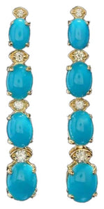 5.70Ct Natural Turquoise and Diamond 14K Solid Yellow Gold Earrings