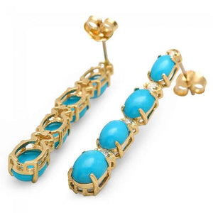 5.70Ct Natural Turquoise and Diamond 14K Solid Yellow Gold Earrings