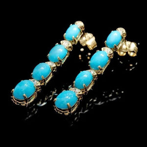 5.70Ct Natural Turquoise and Diamond 14K Solid Yellow Gold Earrings