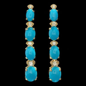5.70Ct Natural Turquoise and Diamond 14K Solid Yellow Gold Earrings