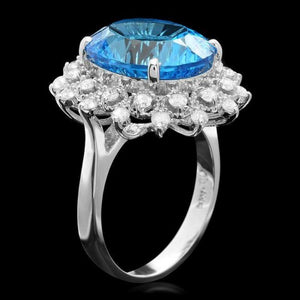 9.00 Carats Natural Blue Topaz and Diamond 14k Solid White Gold Ring