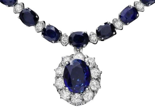 31.10Ct Natural Sapphire and Diamond 14K Solid White Gold Necklace