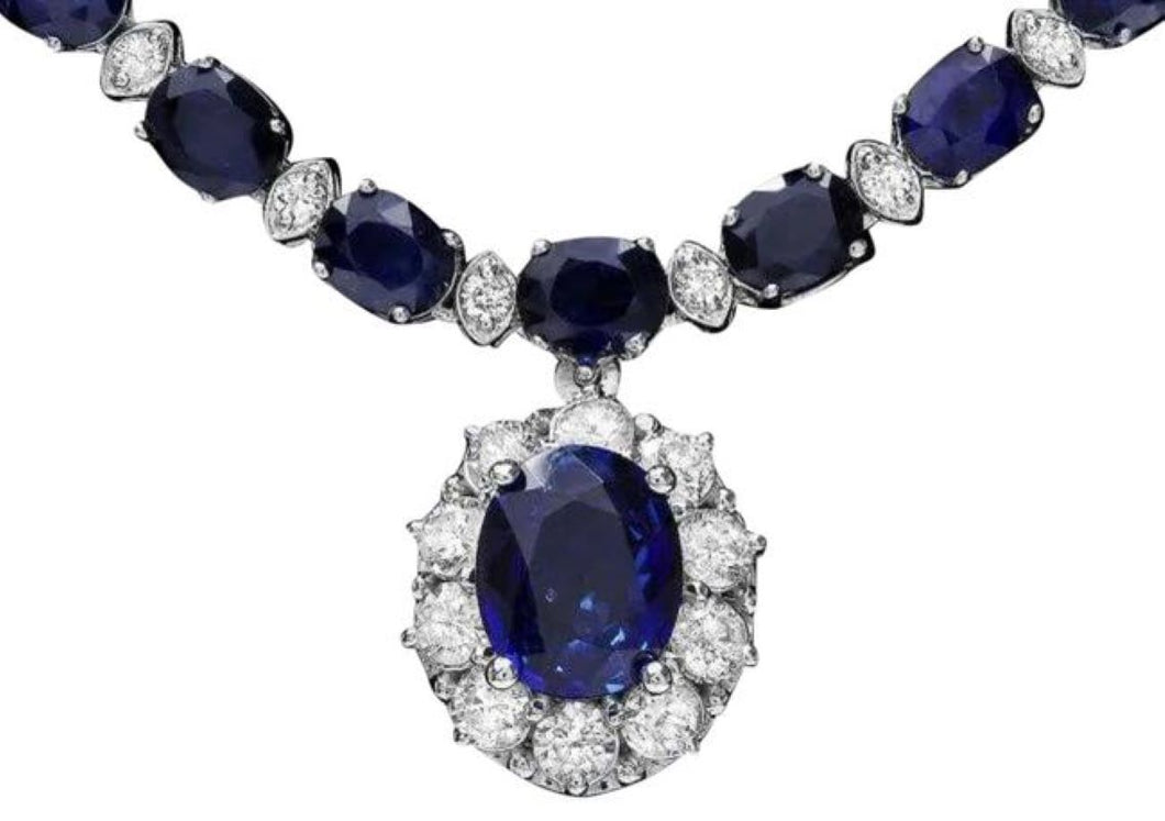 31.10Ct Natural Sapphire and Diamond 14K Solid White Gold Necklace