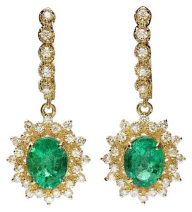 5.30ct Natural Emerald and Diamond 14K Solid Yellow Gold Earrings