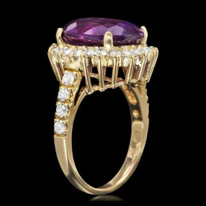 7.60 Carats Natural Amethyst and Diamond 14K Solid Yellow Gold Ring